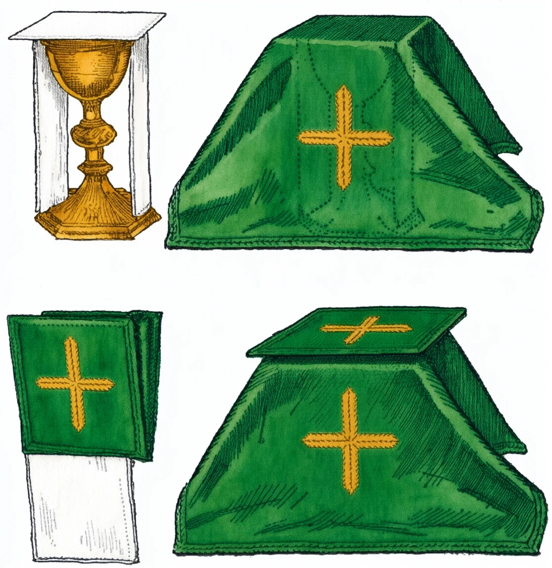 Chalice, Purificator, Paten and Pall · All now covered by Chalice Veil—note the different parts under the Veil · The Burse and the Corporal · The Chalice completely covered